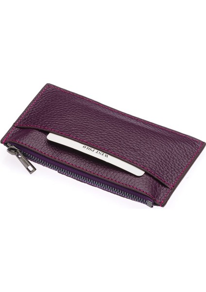 Hakiki Deri Fermuarlı Unisex Kartlık - Mürdüm fırsatları