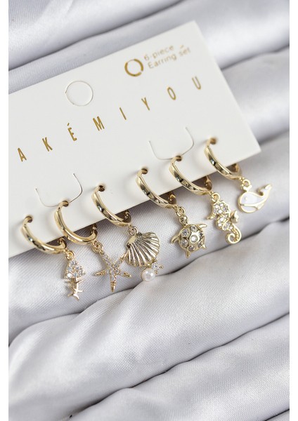 Pirinç Zirkon Taşlı İstiridye Balina ve Yıldız Gold Renk 6'lı Küpe Set