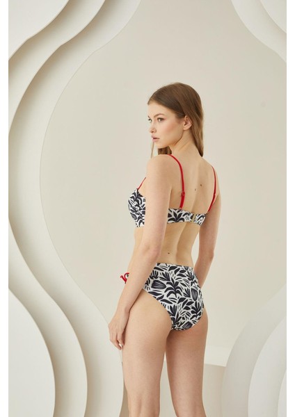 Siyah Beyaz Desenli Kırmızı Ip Askılı Lotus Bikini Takımı fiyatları