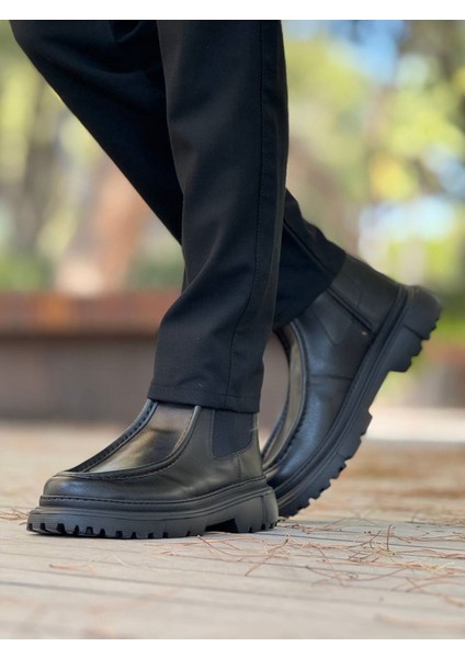 Fermuarlı Erkek Düz Bot Siyah Cilt