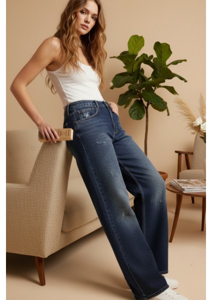 Kadın Palazzo Yüksek Bel Cotton Jean Pantolon