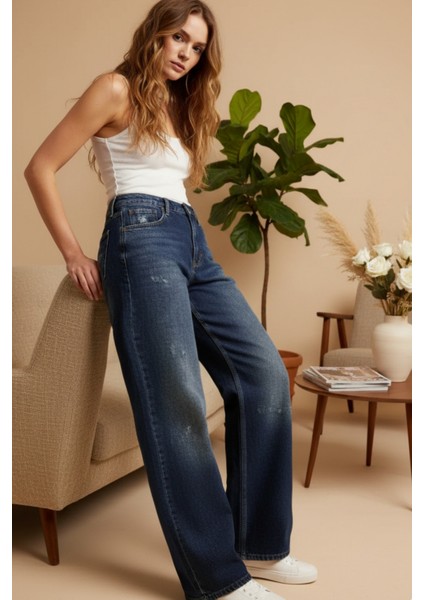 Kadın Palazzo Yüksek Bel Cotton Jean Pantolon