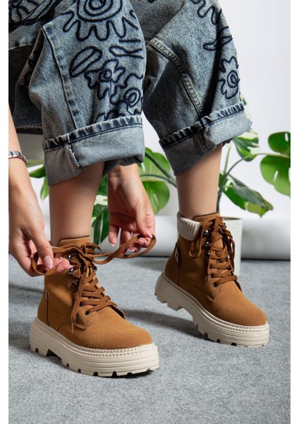Bağcıklı Yüksek Taban Kadın Worker Bot Camel Süet fiyatları