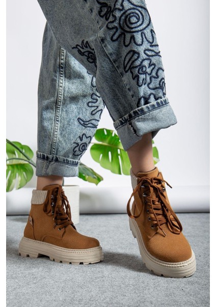 Bağcıklı Yüksek Taban Kadın Worker Bot Camel Süet modelleri