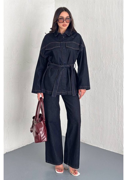 Kadın Kuşaklı Denim Pantolon & Ceket Takımı – Modern & Güçlü Siluet