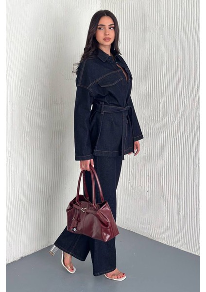 Kadın Kuşaklı Denim Pantolon & Ceket Takımı – Modern & Güçlü Siluet fiyatları