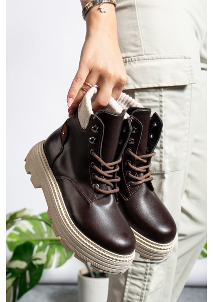 Bağcıklı Yüksek Taban Kadın Worker Bot Kahve Cilt