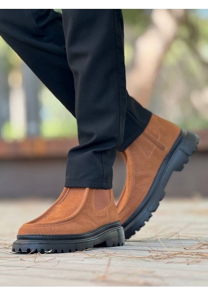Fermuarlı Erkek Düz Bot Taba Süet