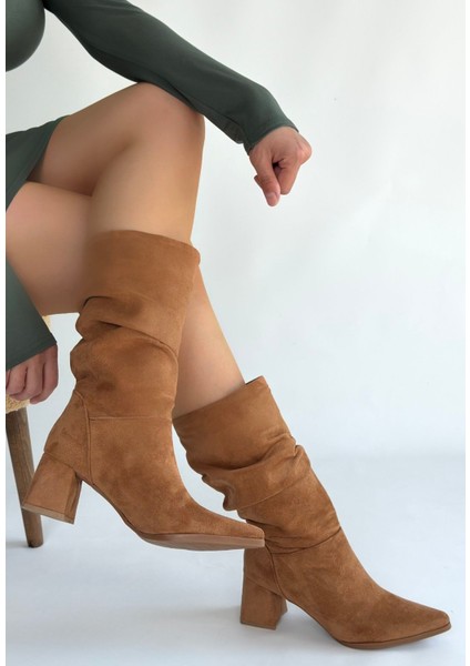 Taba Süet Körüklü Kadın Topuklu Çizme