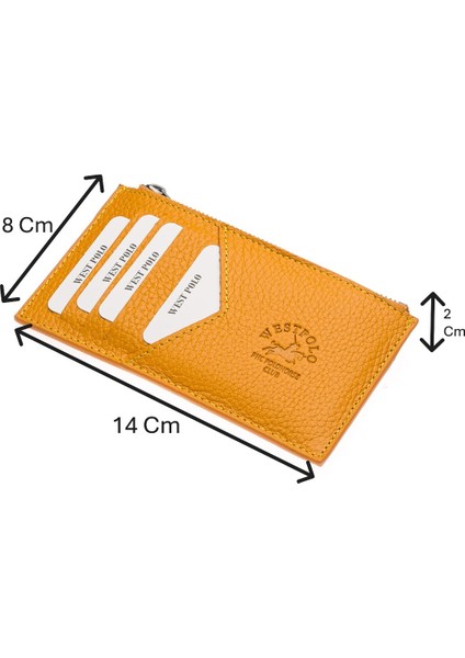 Hakiki Deri Fermuarlı Unisex Kartlık - Hardal