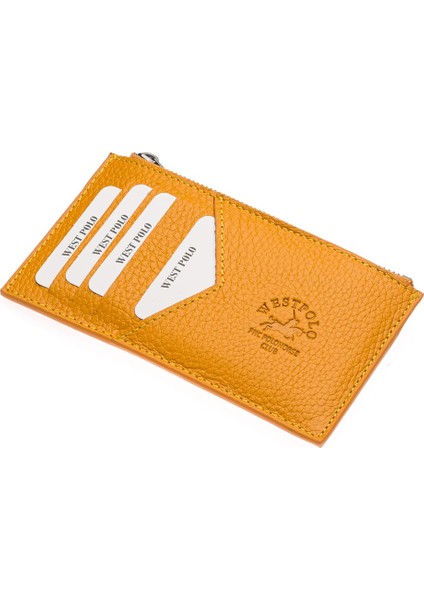 Hakiki Deri Fermuarlı Unisex Kartlık - Hardal fiyatları