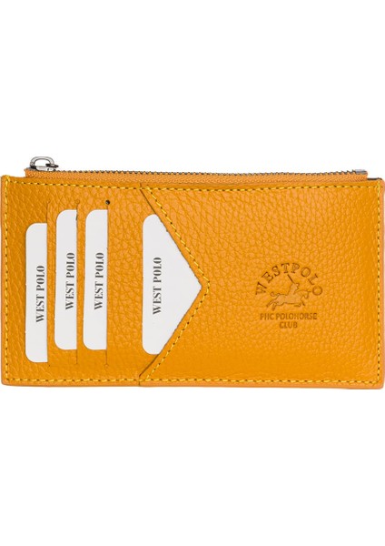 Hakiki Deri Fermuarlı Unisex Kartlık - Hardal modelleri