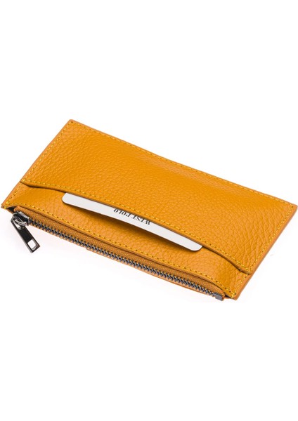 Hakiki Deri Fermuarlı Unisex Kartlık - Hardal fırsatları