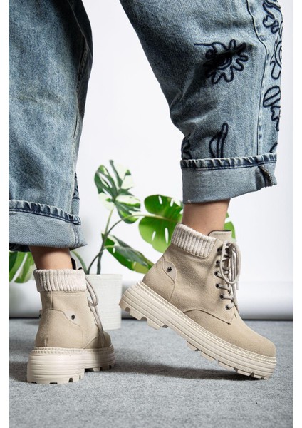 Bağcıklı Yüksek Taban Kadın Worker Bot Krem Süet modelleri