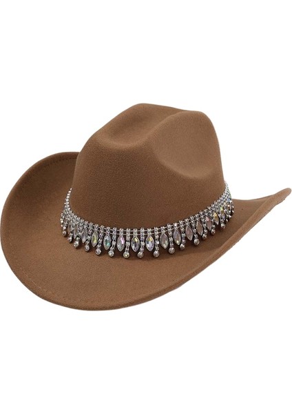 Kadınlar Için Glitter Rhinestones Kovboy Şapkaları Geniş Kenar Bling Elmas Bandı ile Batı Kovkız Şapkası (Yurt Dışından)