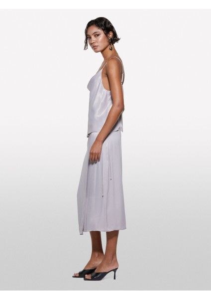 %100 Viskoz Saten Midi Etek Kadın Gri Etek - 325P42BZL002R