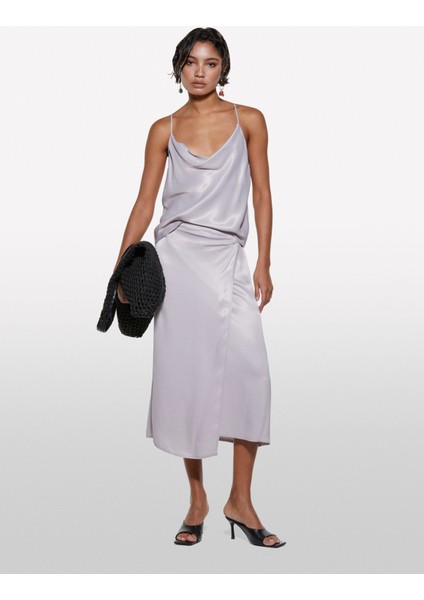 %100 Viskoz Saten Midi Etek Kadın Gri Etek - 325P42BZL002R fırsatları