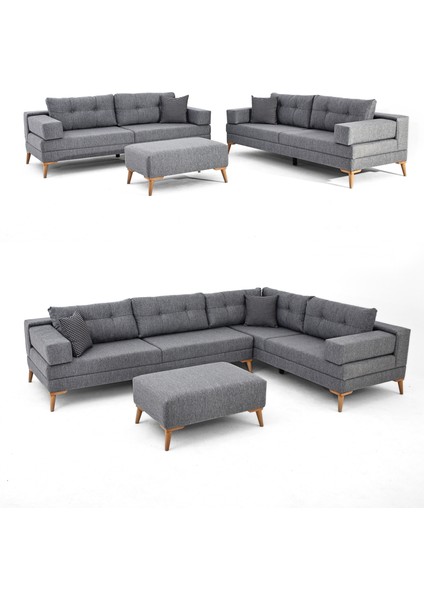 Zeri Modüler Yataklı Koltuk Takımı & 2 Adet Üçlü Kanepe & Puflu Köşe Takımı (3+3) - Koyu Gri - 106