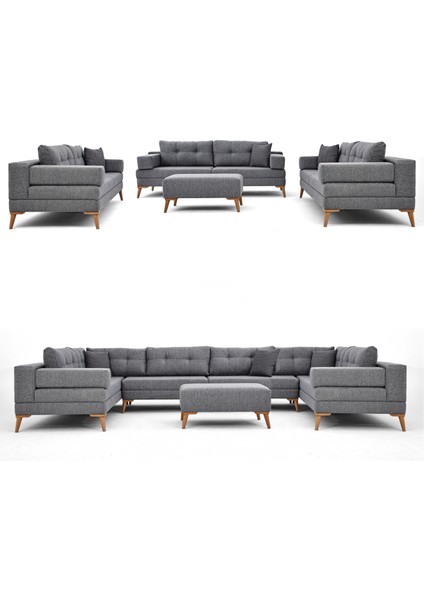 Zeri Modüler Yataklı Koltuk Takımı & 2 Adet Üçlü Kanepe & Puflu Köşe Takımı (3+3) - Koyu Gri - 106