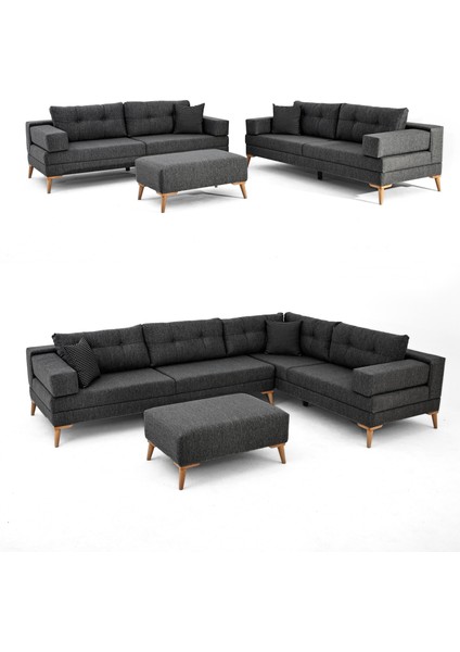 Zeri Modüler Yataklı Koltuk Takımı & 2 Adet Üçlü Kanepe & Puflu Köşe Takımı (3+3) - Antrasit - 110