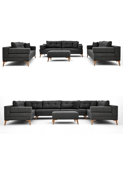 Zeri Modüler Yataklı Koltuk Takımı & 2 Adet Üçlü Kanepe & Puflu Köşe Takımı (3+3) - Antrasit - 110