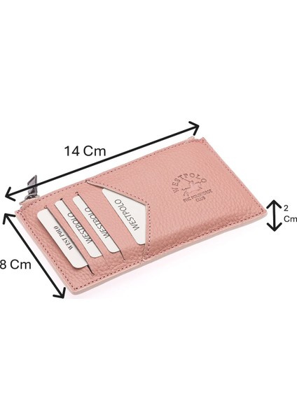 Hakiki Deri Fermuarlı Unisex Kartlık - Pudra