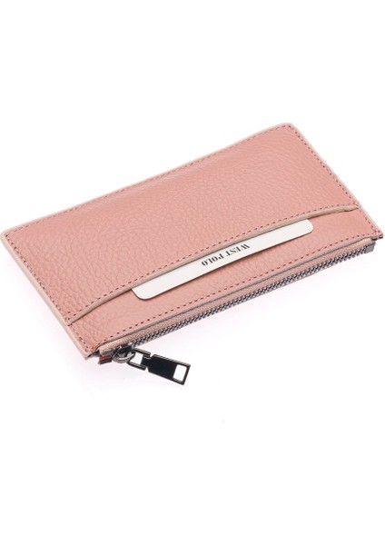 Hakiki Deri Fermuarlı Unisex Kartlık - Pudra modelleri