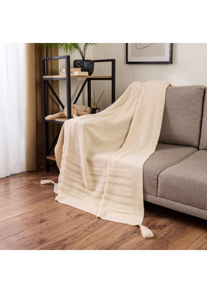 Soft Püsküllü Triko Koltuk Şalı - Ekru - 120X160 cm