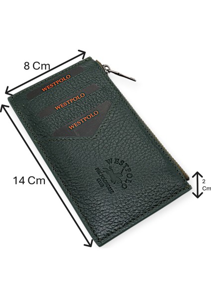 Hakiki Deri Fermuarlı Unisex Kartlık - Yeşil