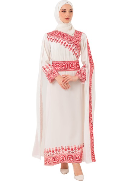 Eğimli Omuz Uzun ve Açık Kollu Filistin Nakışlı Elbise M-3xl C100050