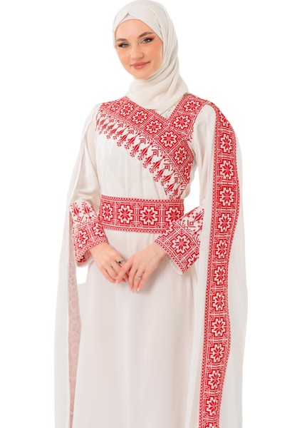 Eğimli Omuz Uzun ve Açık Kollu Filistin Nakışlı Elbise M-3xl C100050 fiyatları