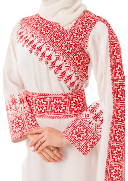 Eğimli Omuz Uzun ve Açık Kollu Filistin Nakışlı Elbise M-3xl C100050 modelleri