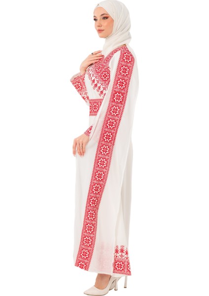 Eğimli Omuz Uzun ve Açık Kollu Filistin Nakışlı Elbise M-3xl C100050