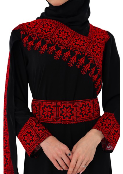 Eğimli Omuz Uzun ve Açık Kollu Filistin Nakışlı Elbise M-3xl C100050 modelleri