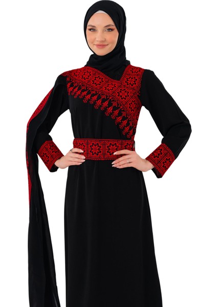 Eğimli Omuz Uzun ve Açık Kollu Filistin Nakışlı Elbise M-3xl C100050