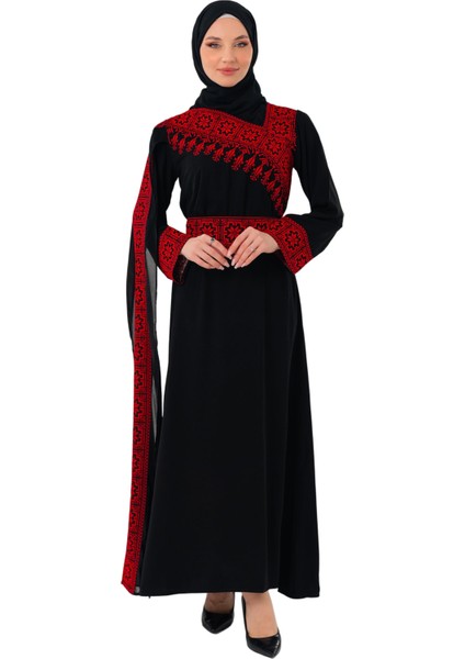 Eğimli Omuz Uzun ve Açık Kollu Filistin Nakışlı Elbise M-3xl C100050