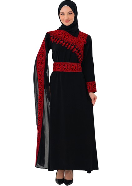 Eğimli Omuz Uzun ve Açık Kollu Filistin Nakışlı Elbise M-3xl C100050