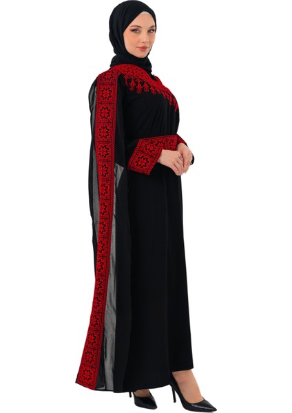 Eğimli Omuz Uzun ve Açık Kollu Filistin Nakışlı Elbise M-3xl C100050