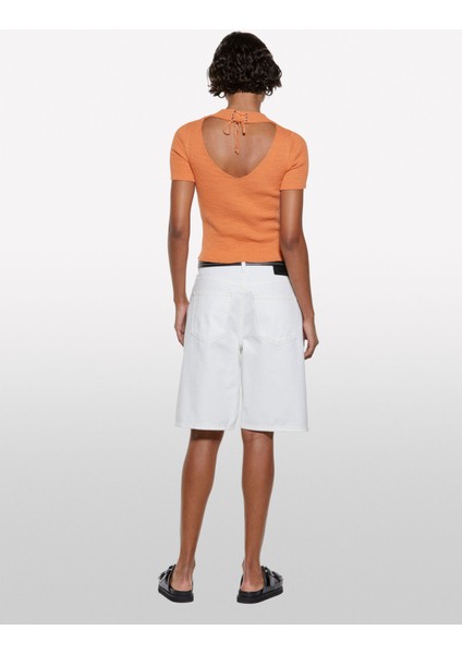 Keten Karışımlı Slim Fit Kısa Kollu Kazak Kadın Turuncu Kazak - 325P105GM106G