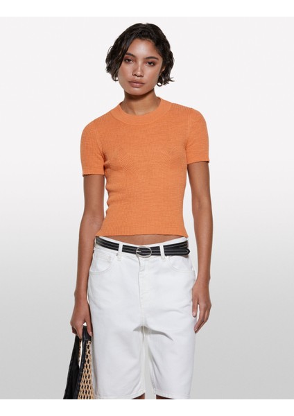 Keten Karışımlı Slim Fit Kısa Kollu Kazak Kadın Turuncu Kazak - 325P105GM106G fiyatları