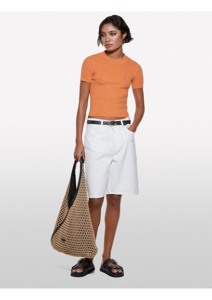 Keten Karışımlı Slim Fit Kısa Kollu Kazak Kadın Turuncu Kazak - 325P105GM106G fırsatları