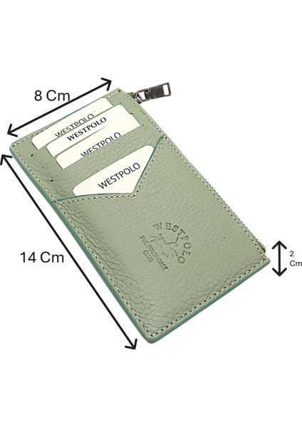 Hakiki Deri Fermuarlı Unisex Kartlık - Mint Yeşili