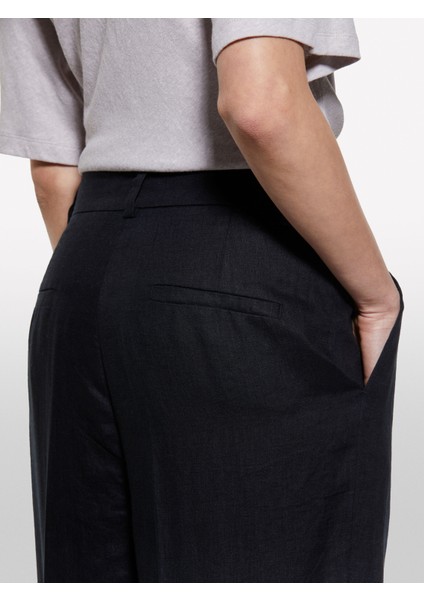 %100 Keten Önü Pile Detaylı Yüksek Bel Jogger Pantolon Kadın Siyah Pantolon - 325P4AGHLF06R