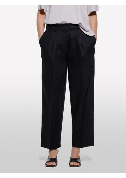 %100 Keten Önü Pile Detaylı Yüksek Bel Jogger Pantolon Kadın Siyah Pantolon - 325P4AGHLF06R modelleri