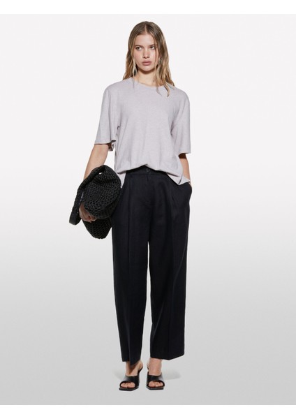 %100 Keten Önü Pile Detaylı Yüksek Bel Jogger Pantolon Kadın Siyah Pantolon - 325P4AGHLF06R fırsatları