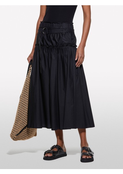 %100 Pamuk Beli Lastikli Kemerli Pileli Uzun Etek Kadın Siyah Etek - 325P4XUCL002Q