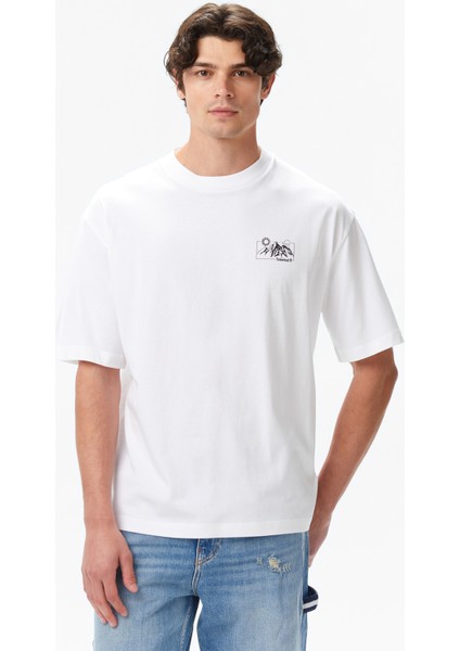 Rugged Mountaın" Back Graphıc Erkek Beyaz T-Shirt.-