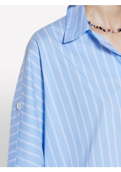 Pamuk Karışımlı Çizgili Kol Katlamalı Oversize Poplin Gömlek Kadın Renkli Gömlek - 325P57ZBLQ09C modelleri