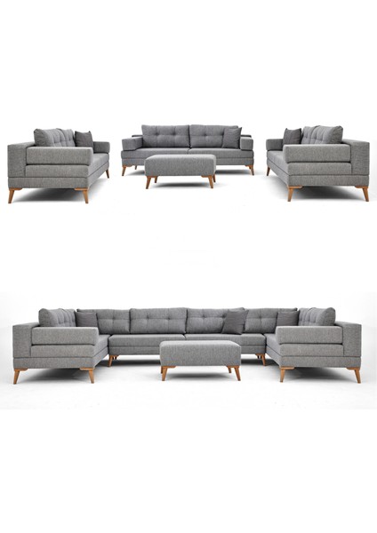 Zeri Modüler Yataklı Koltuk Takımı & 2 Adet Üçlü Kanepe & Puflu Köşe Takımı (3+3) - Gri - 104