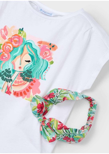 Kız Çocuk Baskılı Kafa Bandlı Tişörtü 3009 Beyaz modelleri